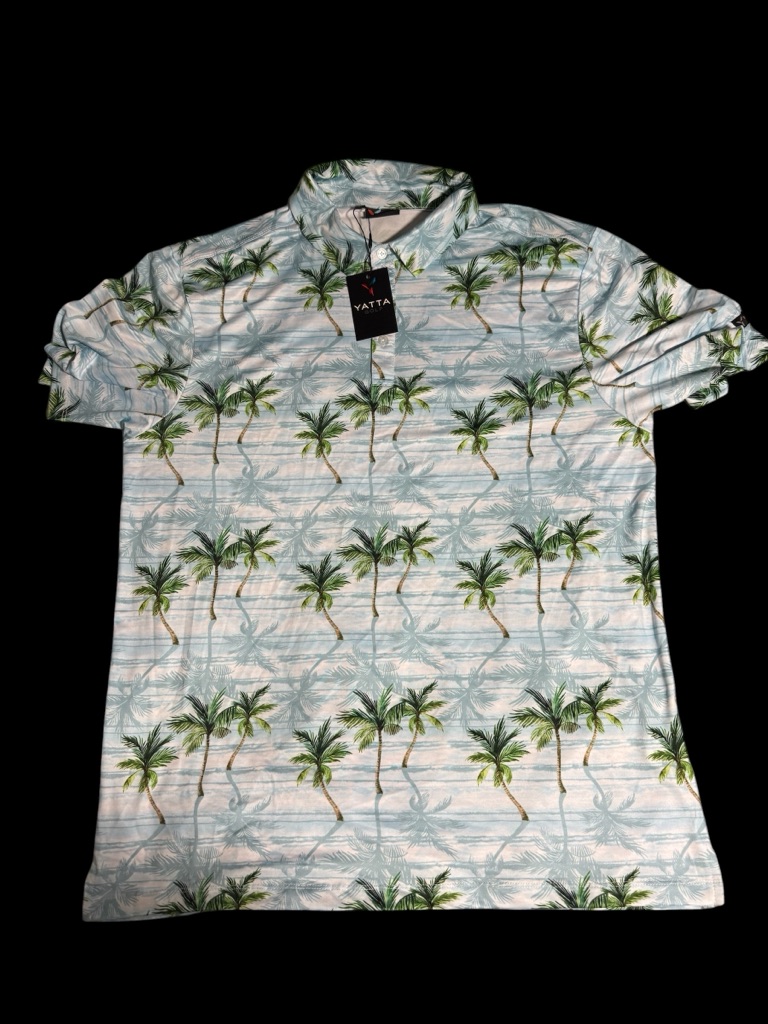 New Men’s Light Blue Palm-Print Polo Shirt